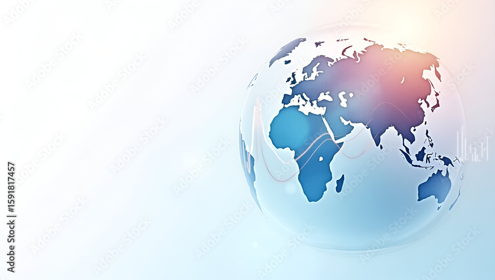 Poster dynamic future world economy: watercolor map with stock index curves on translucent globe - pastel g