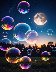 Colorful soap bubbles float in a night sky over a grassy field