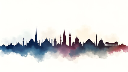 Realistic Watercolor Skyline Silhouette of Renowned Cultural Monuments - Travel Editorial Style with Subtle Gradients and Refined Brushwork, Balanced Layout, Empty Space on Left