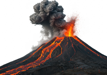 A powerful volcano erupting with glowing lava, dark smoke, and ash spewing into the sky isolated on transparent background