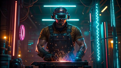 Cyberpunk Welder: Futuristic Metalworker with VR Headset, Sparks Flying, Neon Workshop Setting.