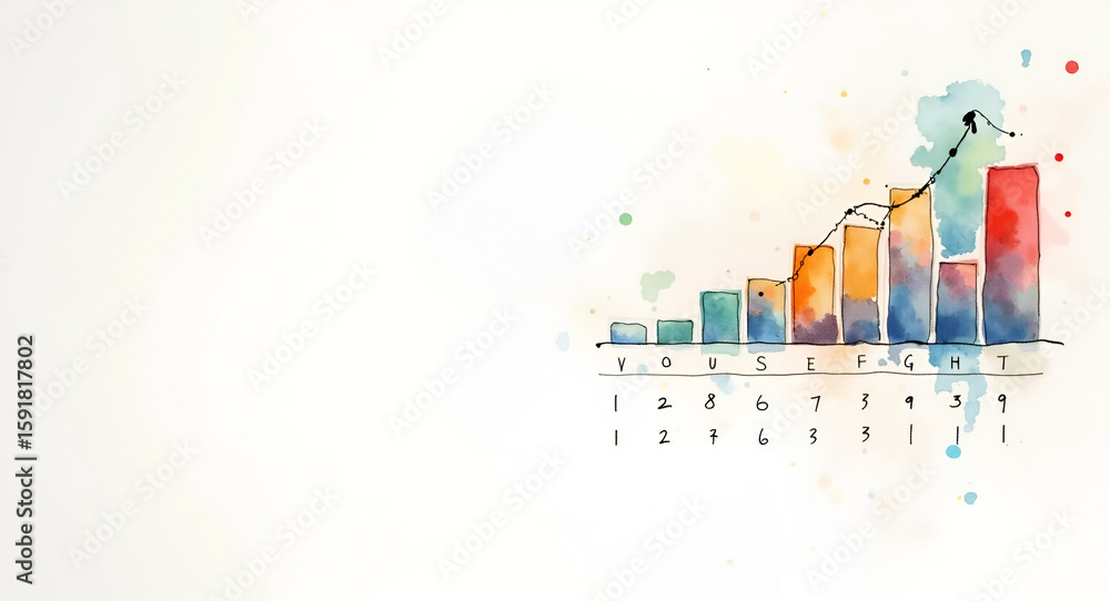 Poster six month update: watercolor painting with bar graphs, pie charts, and calendar pages on textured pa