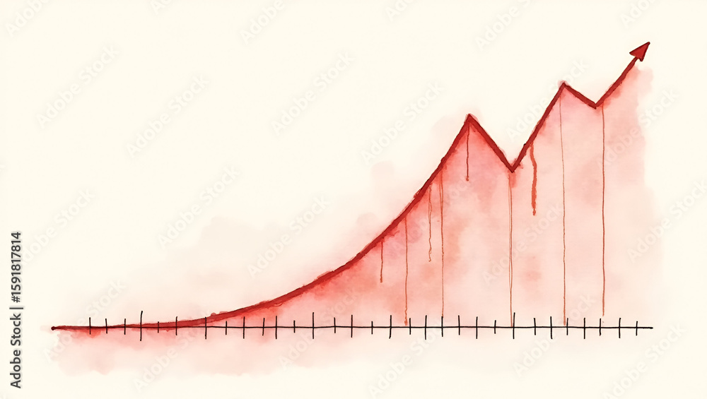 Poster watercolor loss forecast curve: deep scarlet on parchment with pastel background - stock photo conce