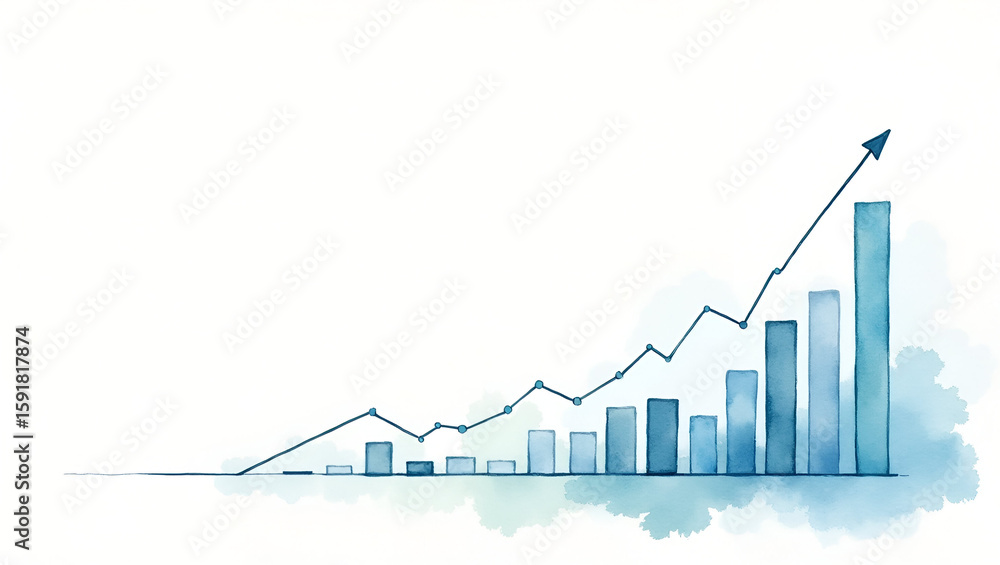 Poster watercolor style realistic depiction of annual business analysis meeting: financial metrics growth o