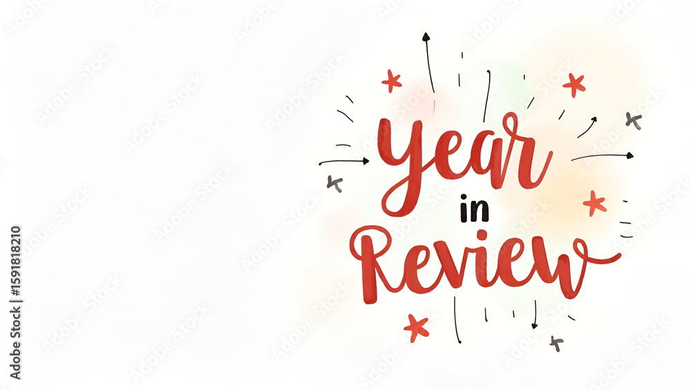 Poster watercolor illustration of year in review infographic rendered with soft pastel washes and fine line