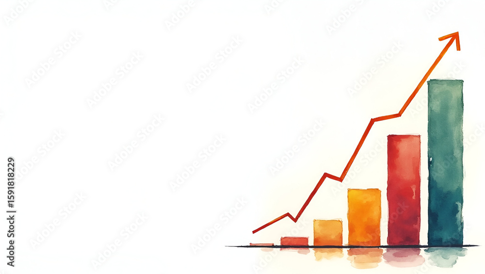 Poster watercolor style realistic depiction of annual business analysis meeting: financial metrics growth o