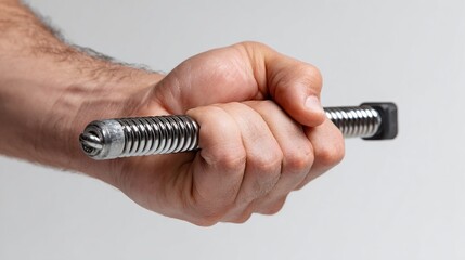 Hand grips a metal spring exerciser, compressing it against a plain background