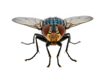 A detailed closeup of a common housefly with iridescent blue and green markings on its thorax, isolated on a transparent background