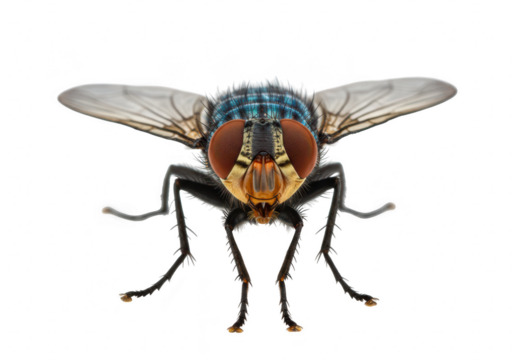 A detailed closeup of a common housefly with iridescent blue and green markings on its thorax, isolated on a transparent background