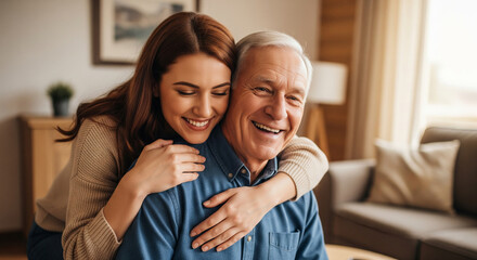 Obraz premium A loving daughter joyfully embraces her happy elderly father