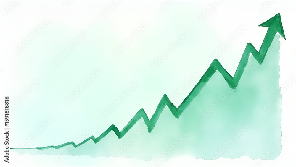 Poster watercolor revenue growth visualization: mint green arrows on translucent sheets in executive worksp