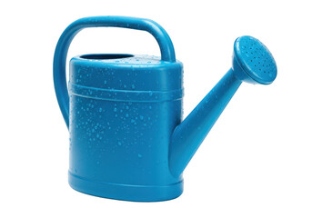 A bright blue plastic watering can with a long spout and a comfortable handle, covered in water droplets, isolated on a transparent background
