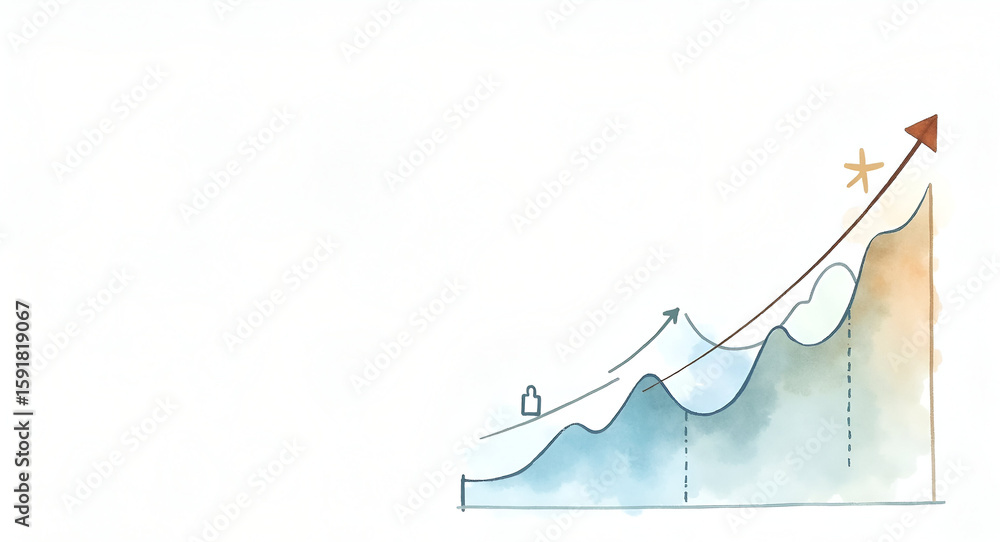 Poster watercolor style business analysis meeting: realistic financial metrics growth overview with minimal
