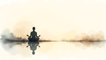 Tranquil Watercolor Meditation: Spiritual Reflection Silhouette in Soft Earth Tones - Perfect for Photo Stock with Empty Space for Text