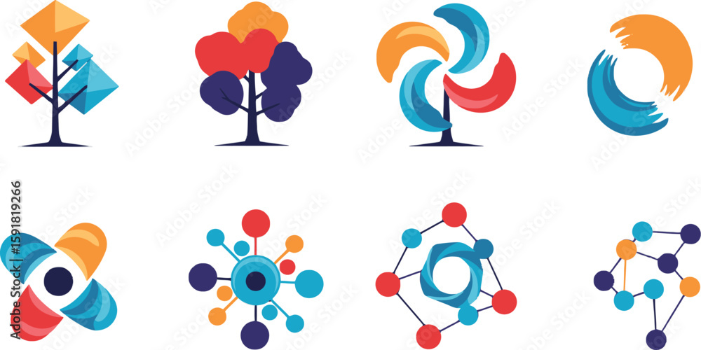 Poster vector art of a collection of abstract logo designs featuring trees, spirals, and molecule structure