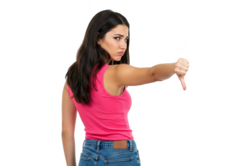 A young woman gives a thumbs down gesture with a displeased expression, isolated on transparent background