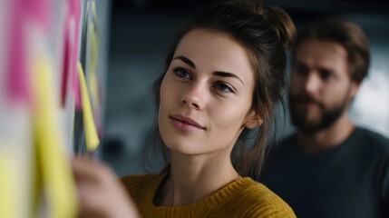 Team collaborating on strategy with sticky notes in creative workspace