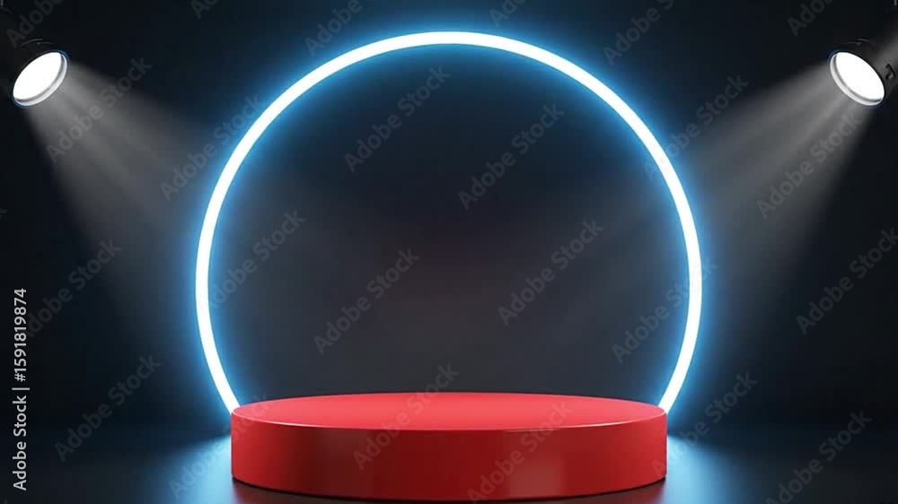 Poster a red platform is centered in front of a glowing ring illuminated by two spotlights against a dark b