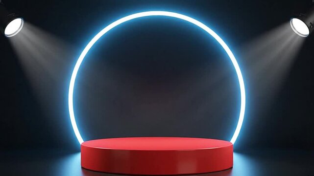 A red platform is centered in front of a glowing ring illuminated by two spotlights against a dark backdrop