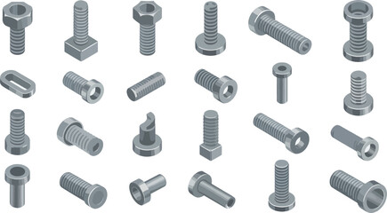 Vector Icon Set of Heavy Duty Steel Bolts – Industrial Fasteners with Sharp Threads for Machinery and Construction"

