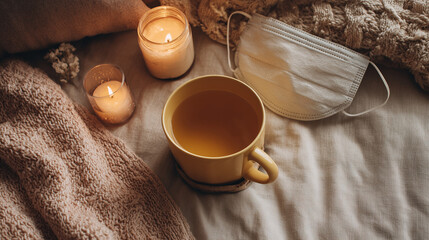 White Self Care Flatlay: Cozy Night Tea, Candles, and Face Mask