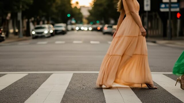 Fashionable women in flowing maxi dresses cross a street at sunset, their gowns twirling with grace and vibrant color.