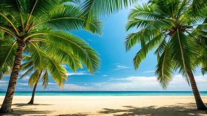 Fototapeta premium Tropical Beach Paradise: Lush Palm Trees Frame Vibrant Turquoise Ocean and Pristine White Sand Under a Sunny Sky.