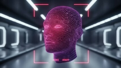 Futuristic digital head sculpture in a high-tech corridor with neon lighting and a sci-fi ambiance - Powered by Adobe