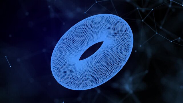 Futuristic 3D rendering of a glowing blue torus constructed with a wireframe mesh structure, floating in a dark digital background filled with abstract lines and connection points Seamless loop.