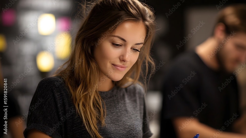 Poster woman taking notes during a team brainstorming session in a learning environment