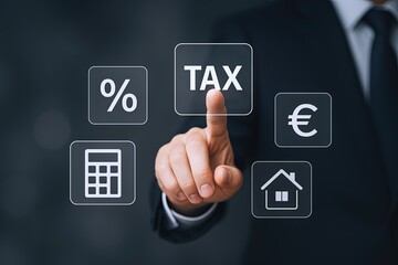 Obraz premium Businessman pointing at tax icon with percentage calculator euro house and financial icons.