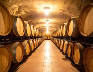 Rows of oak wine barrels in a vaulted cellar