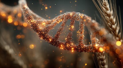 Golden wheat stalk entwined with glowing DNA helix and orbiting carbohydrate particles in cosmic composition