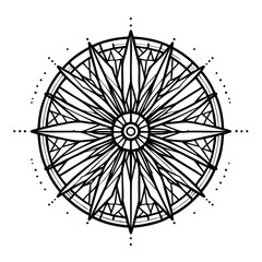 Coloring page,  thanksgiving. Geometric compass rose design in black and white line art  