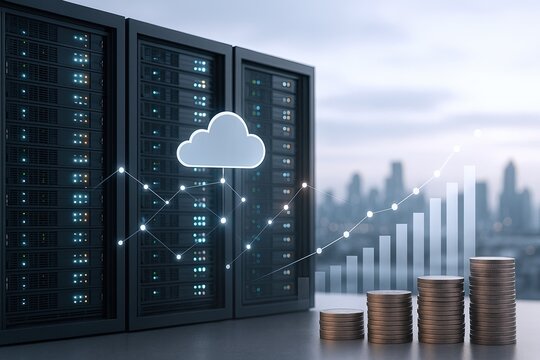 Modern cloud computing technology with data servers and digital financial growth analysis. - Powered by Adobe