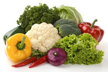 Ai generated image of a variety of fresh vegetables isolated on white background are ready to eat