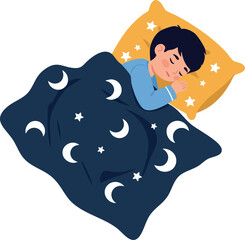 Sleeping child under moon and stars blanket with yellow pillow vector illustration
