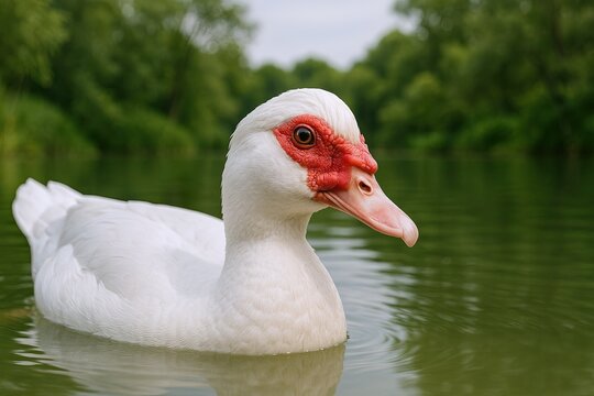 Close-up of a White Embden Goose Floating on Calm Water in Natural Green Environment.