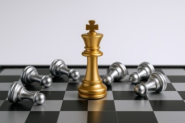 Elegant golden king chess piece standing surrounded by fallen silver chess pieces on a chessboard.