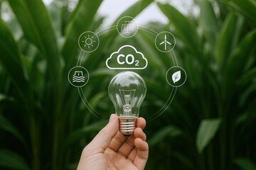 Eco friendly energy concept with light bulb and nature icons in green field background.