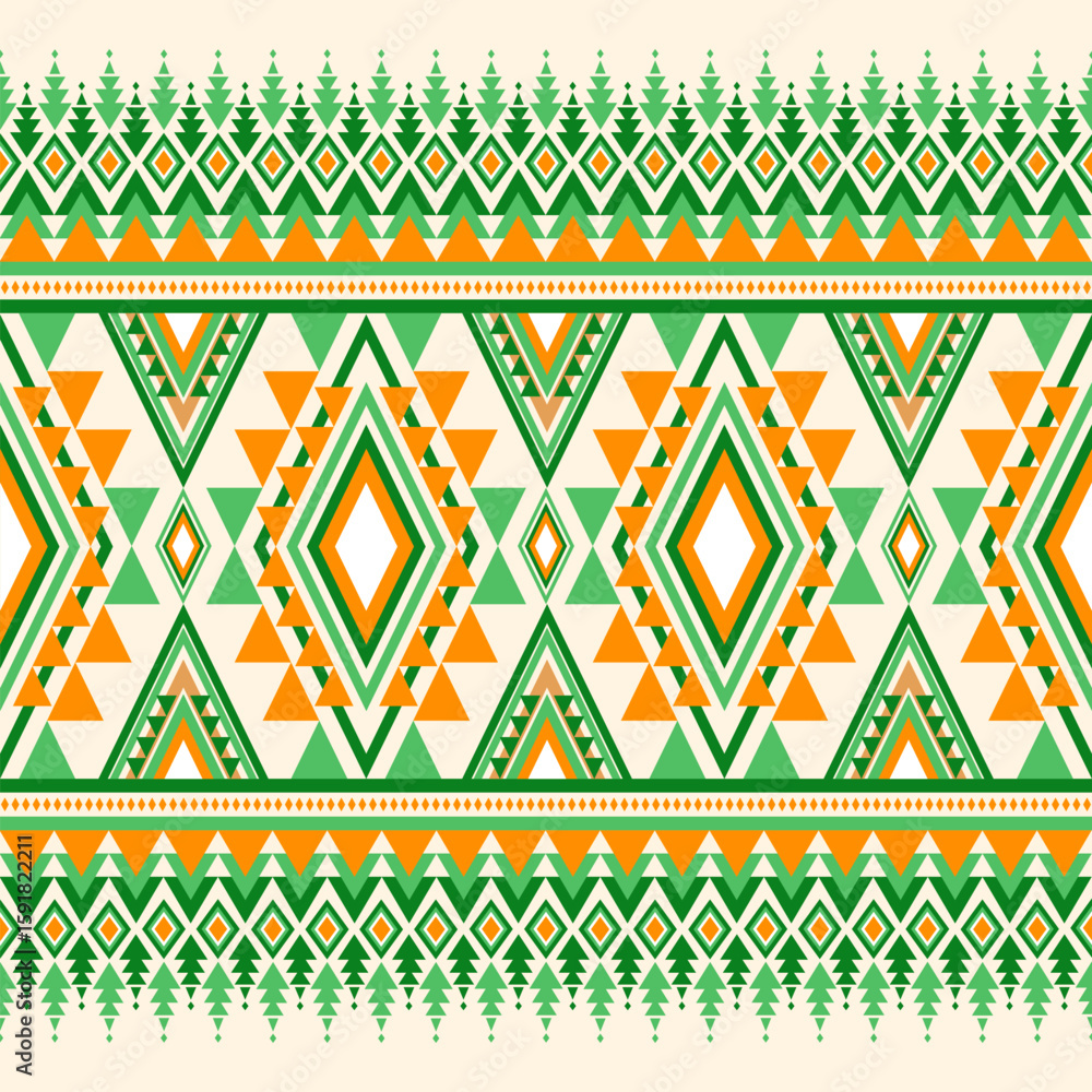 Poster geometric ethnic pattern in shades of green and orange features triangles and diamonds creating a se