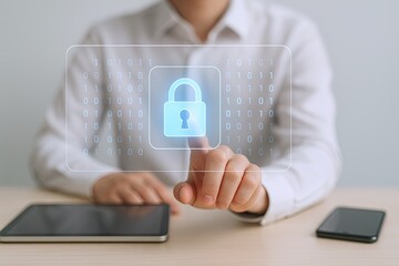 Businessman Touching Transparent Digital Lock Security Icon on Future Interface.