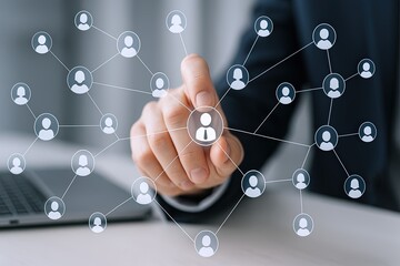 Modern digital network concept with interconnected human profile icons and technology interface.
