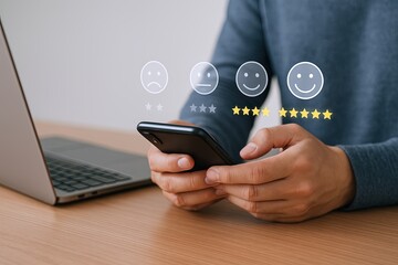 Person Holding Smartphone with Happiness Emoji Icons and Social Media Feedback.