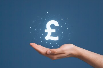 Hand holding digital pound symbol icon with futuristic network connections and technology background.