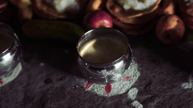 Traditional Indian Pooja Ritual with Sacred Offerings and Devotional Vibes