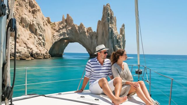 Couple Sailing Adventure: Smiling Caucasian man in his 30s and woman in her 30s relax on a yacht near the El Arco landmark in Cabo San Lucas on a sunny summer day.