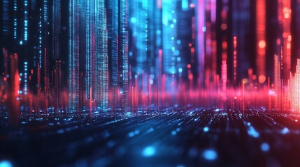 Abstract Digital City Skyline Glowing with Blue and Red Light