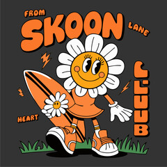 Playful cartoon daisy character holding a surfboard, smiling cheerfully, ready to surf.