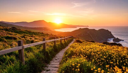 Coastal path at sunset, wildflowers